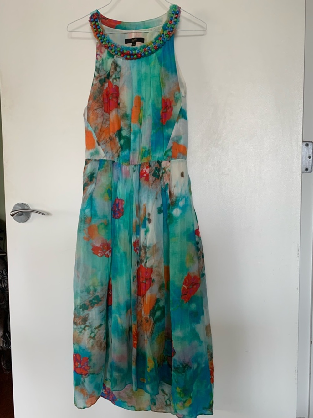 EP Multicolor Beaded Floral Sleeveless Silk Midi Dress Round Neck Size S - Picture 2 of 10